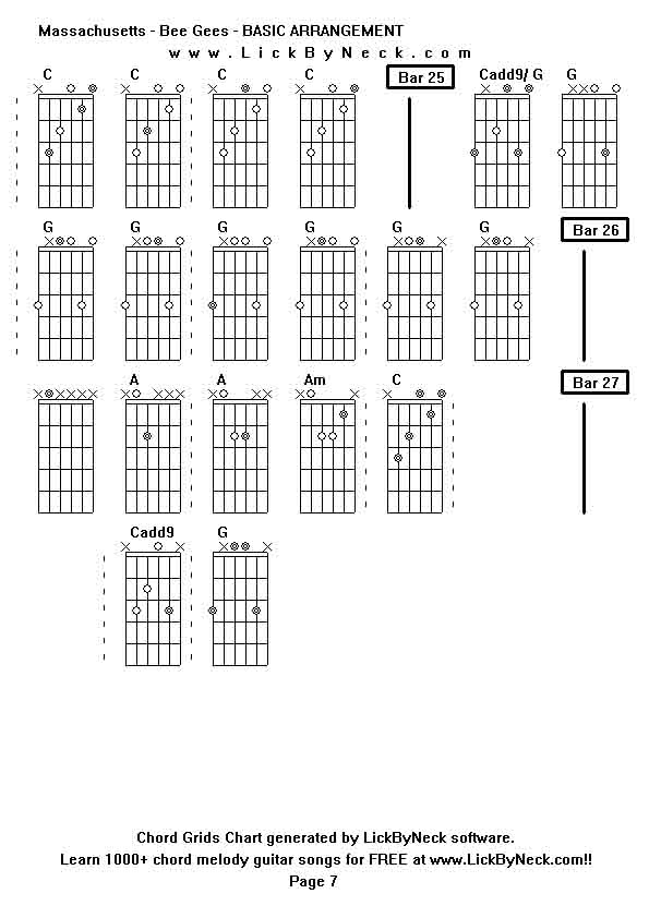 Chord Grids Chart of chord melody fingerstyle guitar song-Massachusetts - Bee Gees - BASIC ARRANGEMENT,generated by LickByNeck software.